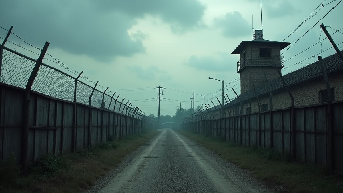 O pátio de uma prisão com arames farpados e torres de vigilância sob um céu nublado.