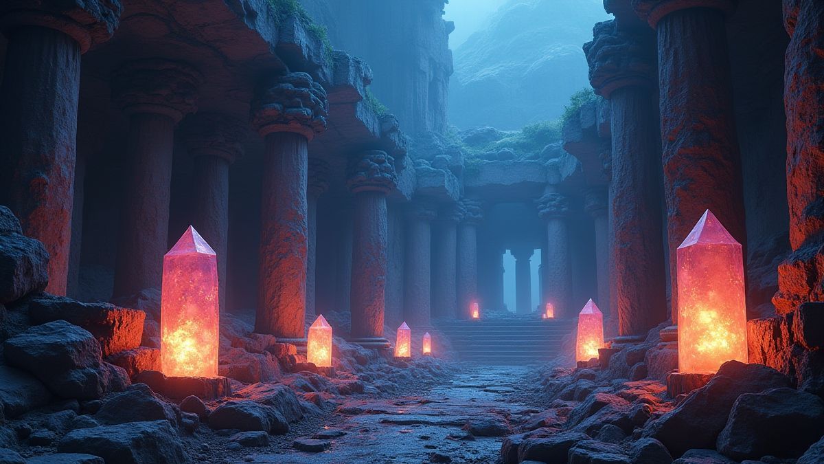 Ruinas antiguas rodeadas de cristales mágicos