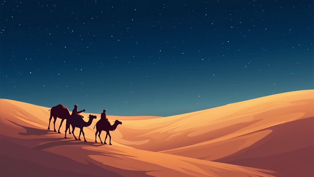 Camellos cruzando dunas bajo un cielo estrellado.