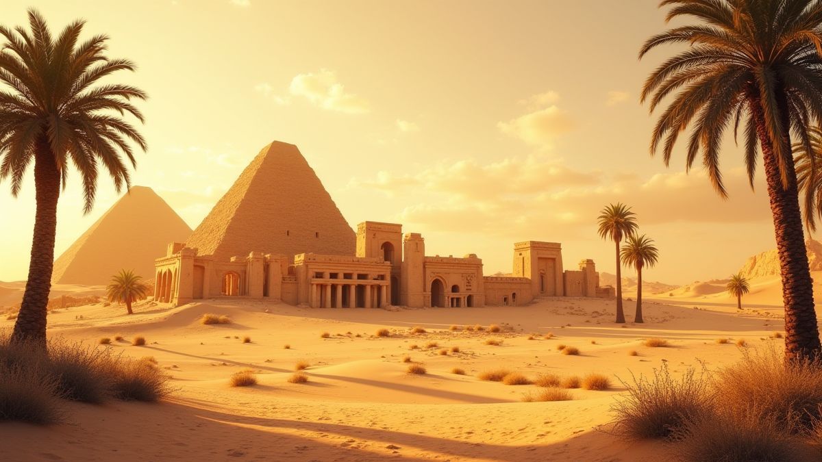 Ruinen antiker Zivilisationen in einer Wüste umgeben von Palmen und goldenem Sand.