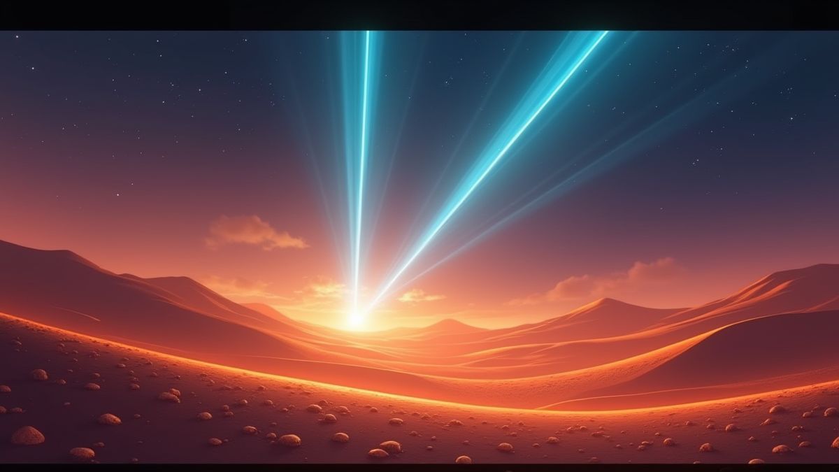 Animierte Landschaft einer Wüste mit leuchtendem Sand und geheimnisvollen Lichtstrahlen, die durch den Himmel schießen.
