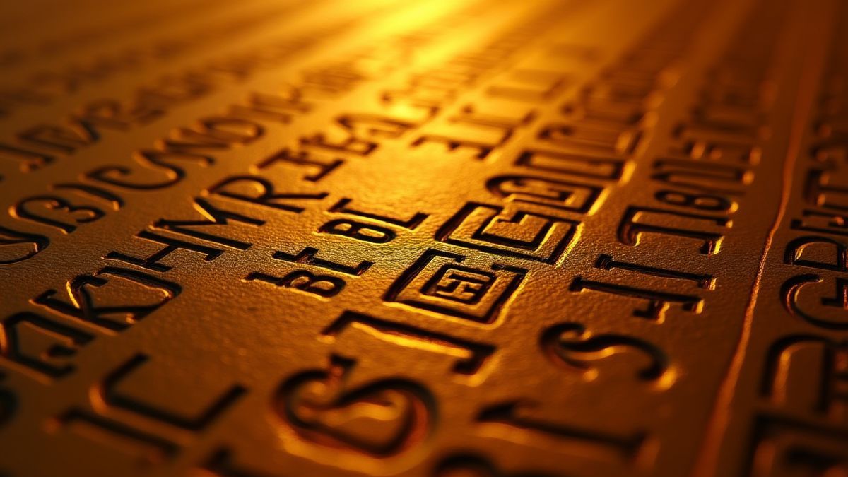 Jeroglíficos egípcios brilhando em tons dourados.