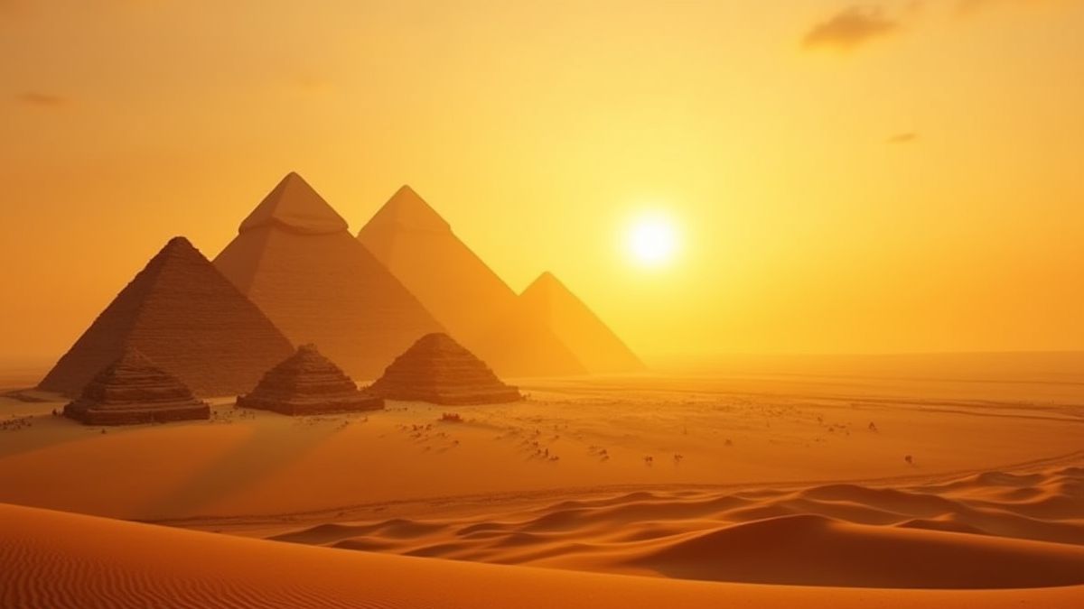 Paisagem de deserto egípcio com pirâmides e areias douradas.