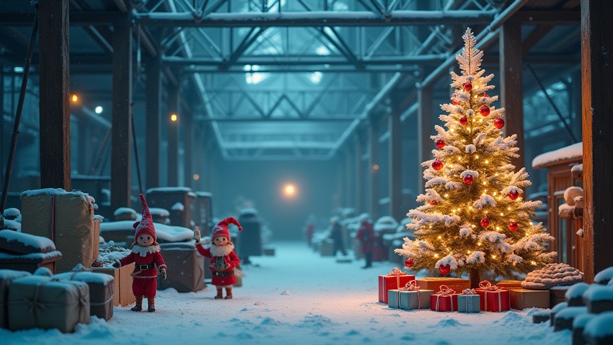 Usine enneigée du Père Noël avec des elfes enveloppant des cadeaux et un arbre de Noël scintillant.