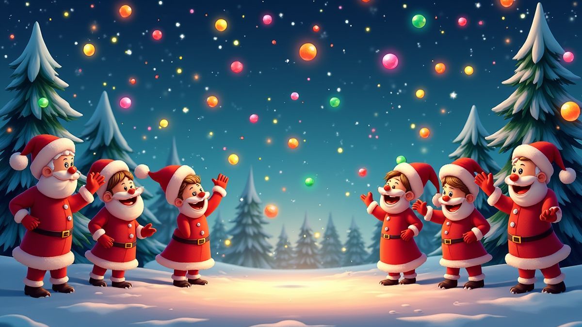 Symboles en cascade et aides du Père Noël célébrant.