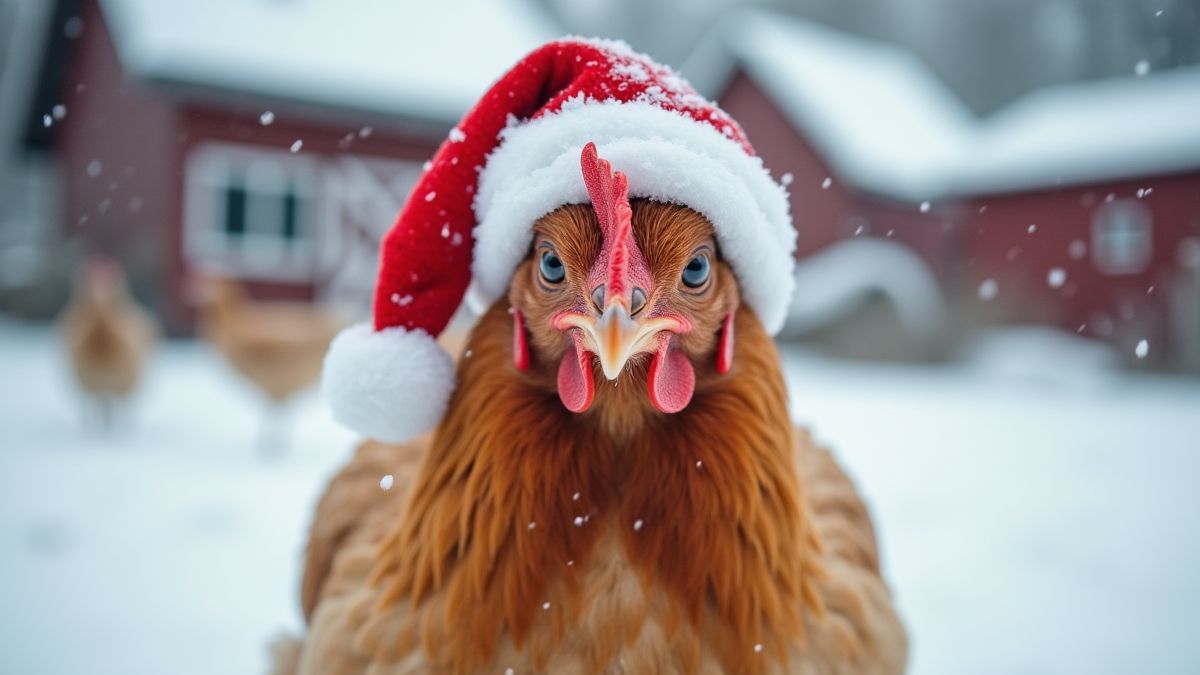 Una gallina alegre con un gorro de Santa en una granja nevada.