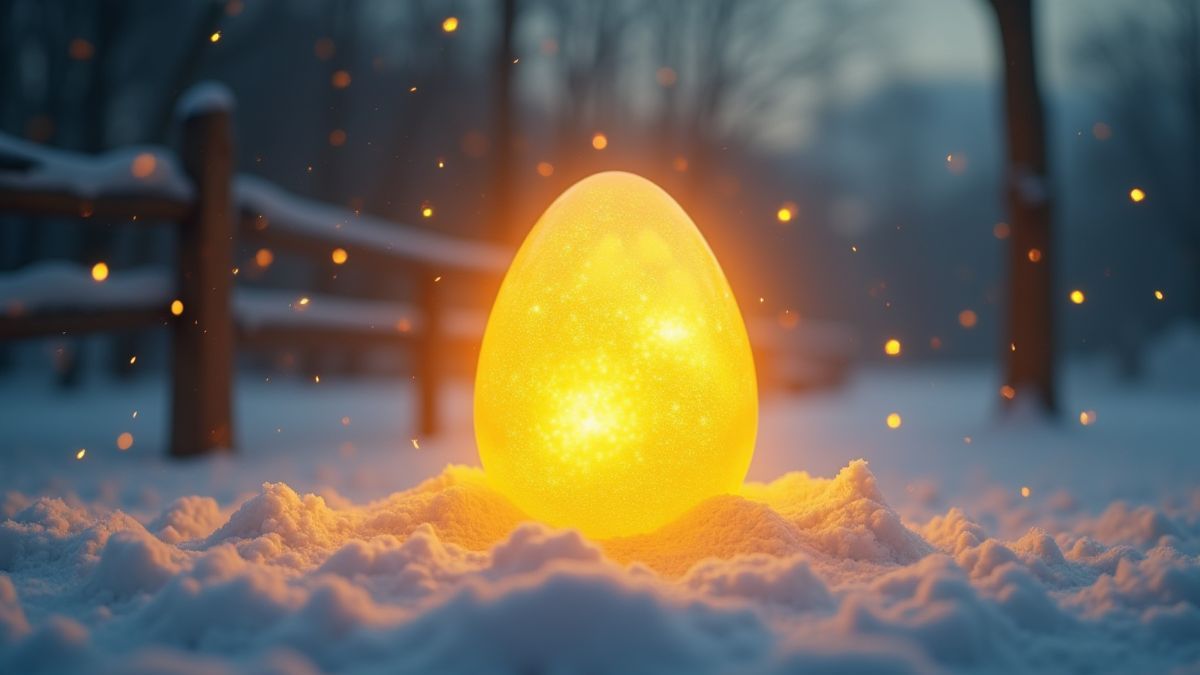Un huevo dorado brillante en una granja nevada.