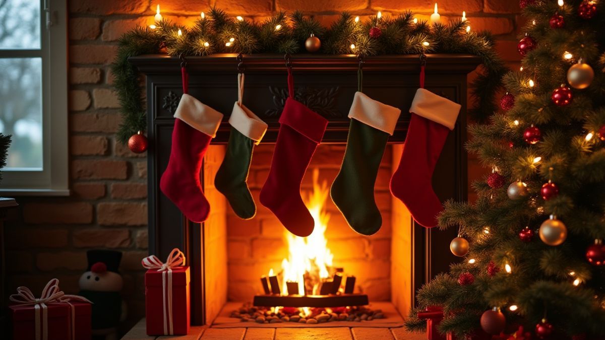 Una chimenea acogedora con medias navideñas y un árbol decorado.