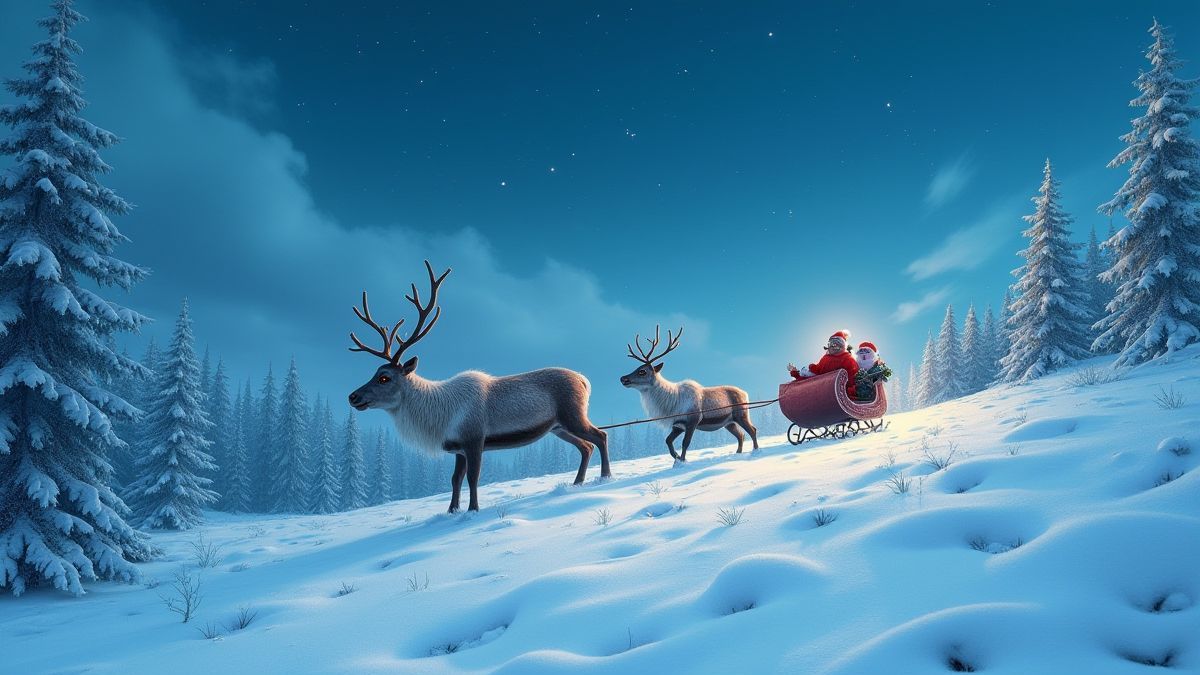 Un paisaje nevado con renos tirando del trineo de Santa bajo un cielo estrellado.