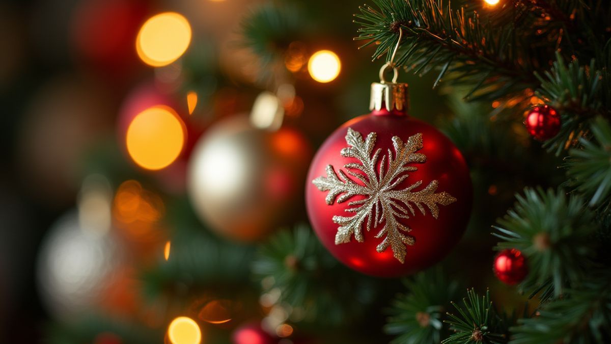 Adornos navideños en un árbol con luces brillantes.