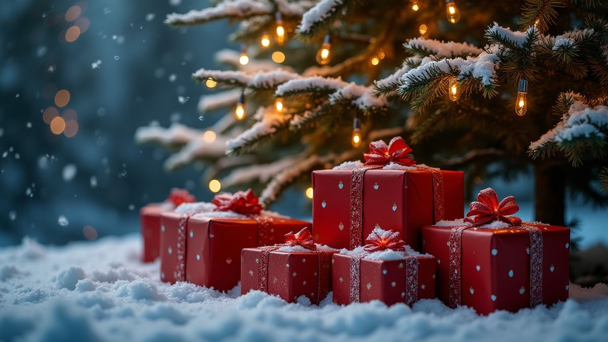Cadeaux de Noël sous un arbre décoré de lumières brillantes.