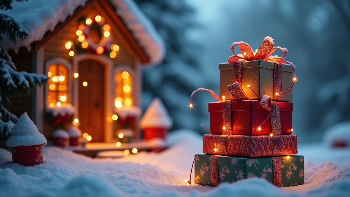 Cadeaux empilés avec des rubans brillants dans une cabane enneigée.