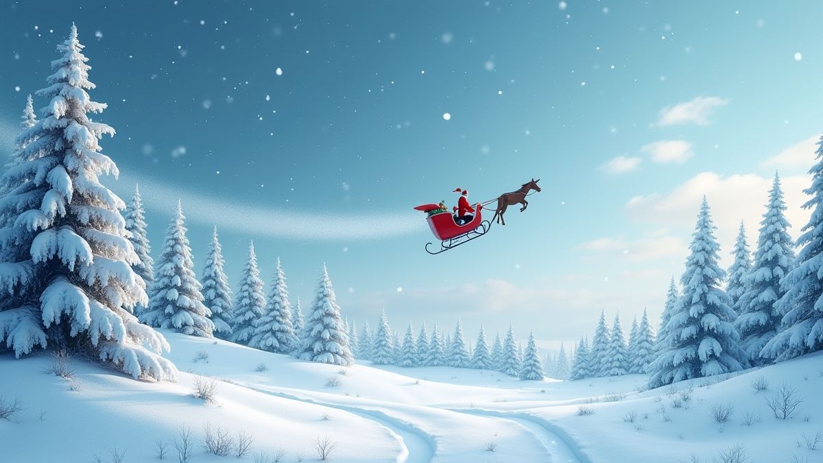Paysage enneigé avec le traîneau de Santa volant au fond.