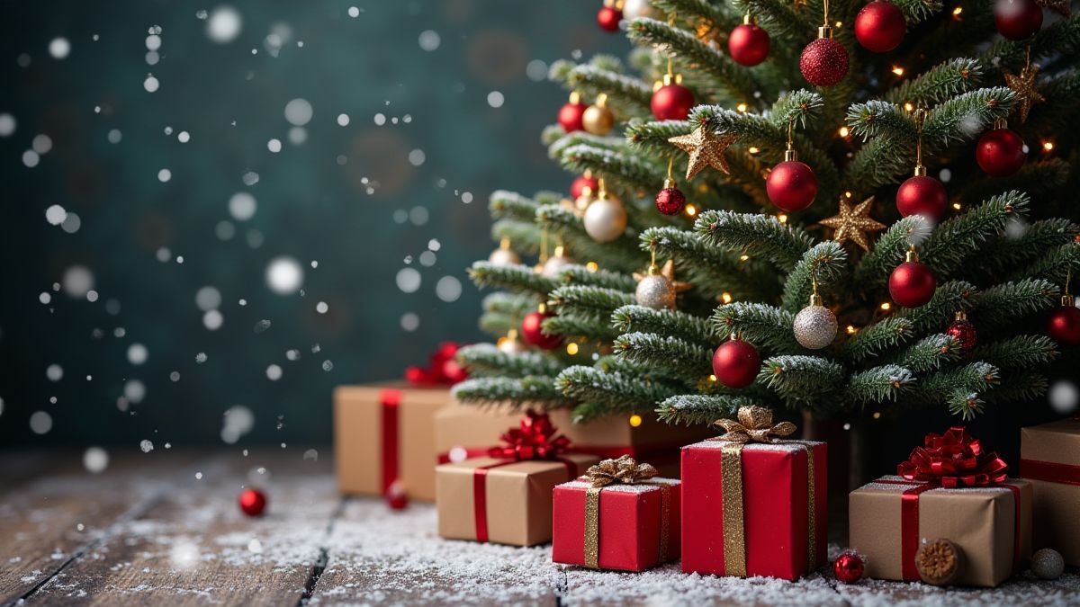 Festive Christmas tree with presents underneath and snow falling.