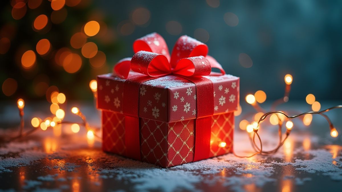 Festive gift box surrounded by sparkling lights and snowflakes.