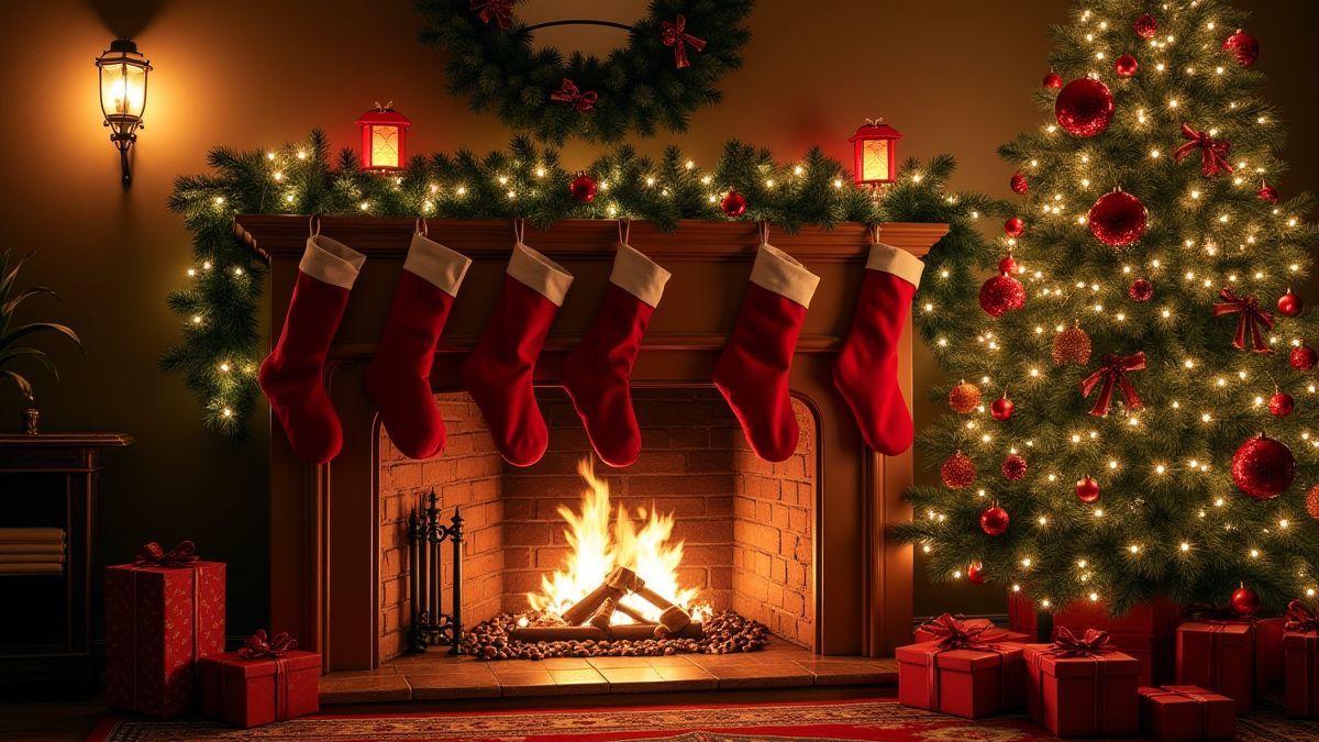 Chimenea navideña con calcetines y árbol decorado.