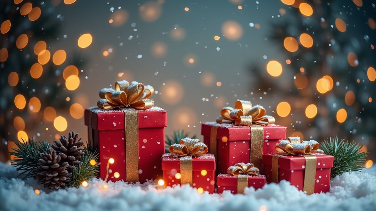 Escena navideña alegre con regalos y nieve.
