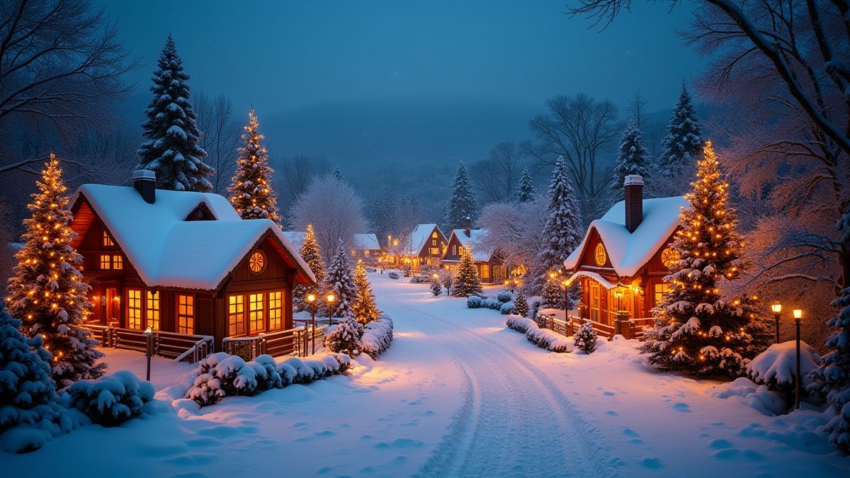 Een kerst dorp bedekt met sneeuw met heldere lichten en feestelijke decoraties.