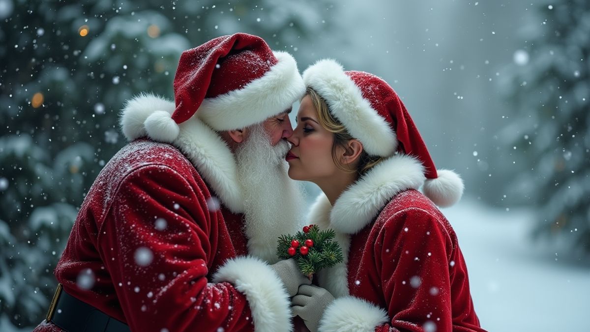 Santa en Mevrouw Claus die elkaar kussen onder de mistletoe in een besneeuwd landschap.