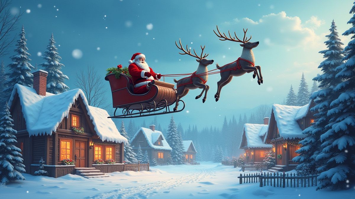 Weihnachtsszene mit dem Schlitten von Santa, der über ein dekoriertes Dorf fliegt