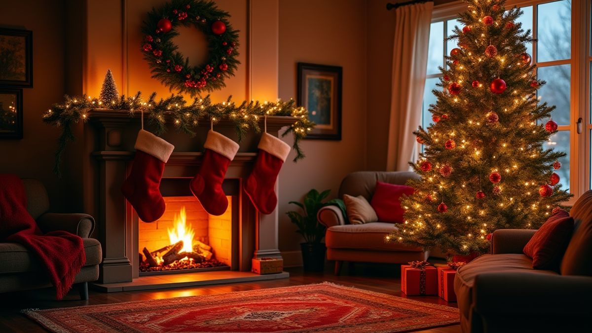 Gemütlicher Raum mit Kamin, Weihnachtsstrümpfen und dekoriertem Baum