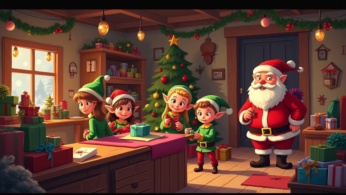 Taller navideño lleno de elfos envolviendo regalos.