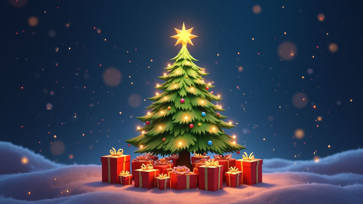 Árbol de Navidad rodeado de regalos y luces brillantes.