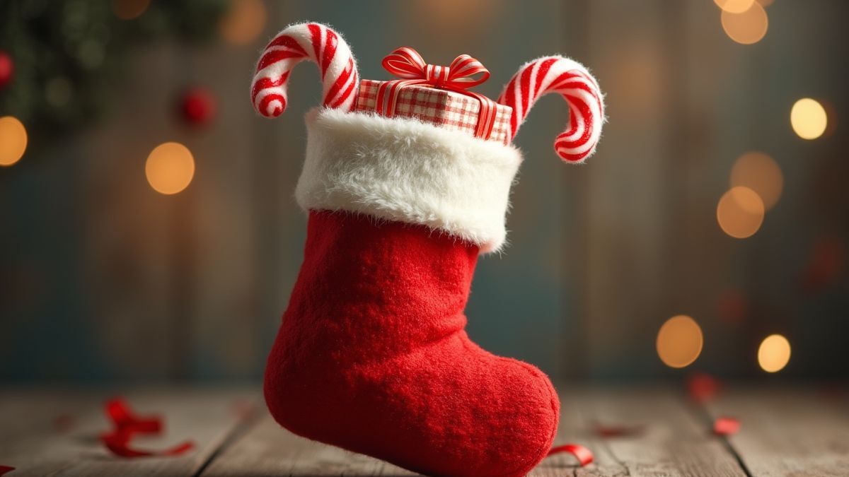 Calcetín navideño lleno de dulces y regalos.