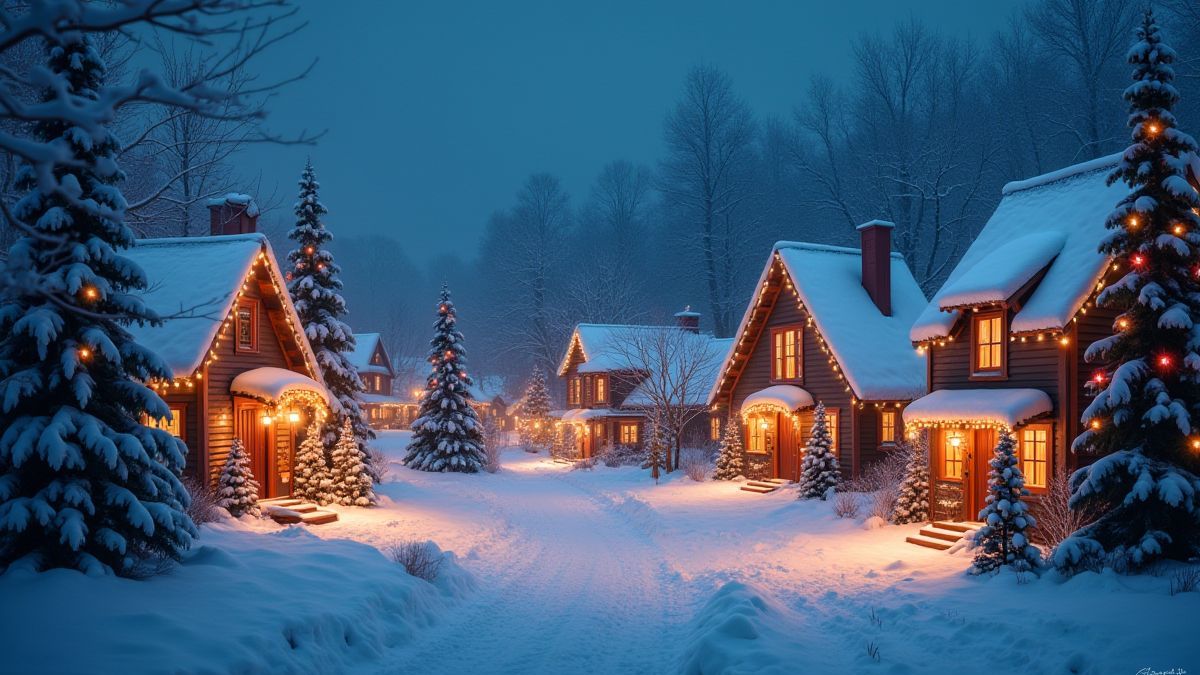 Pueblo navideño cubierto de nieve y luces festivas.