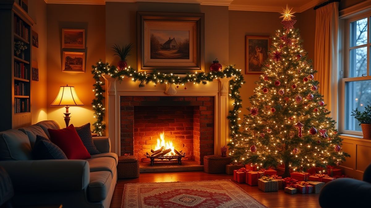 Sala acogedora con un árbol de Navidad y chimenea.