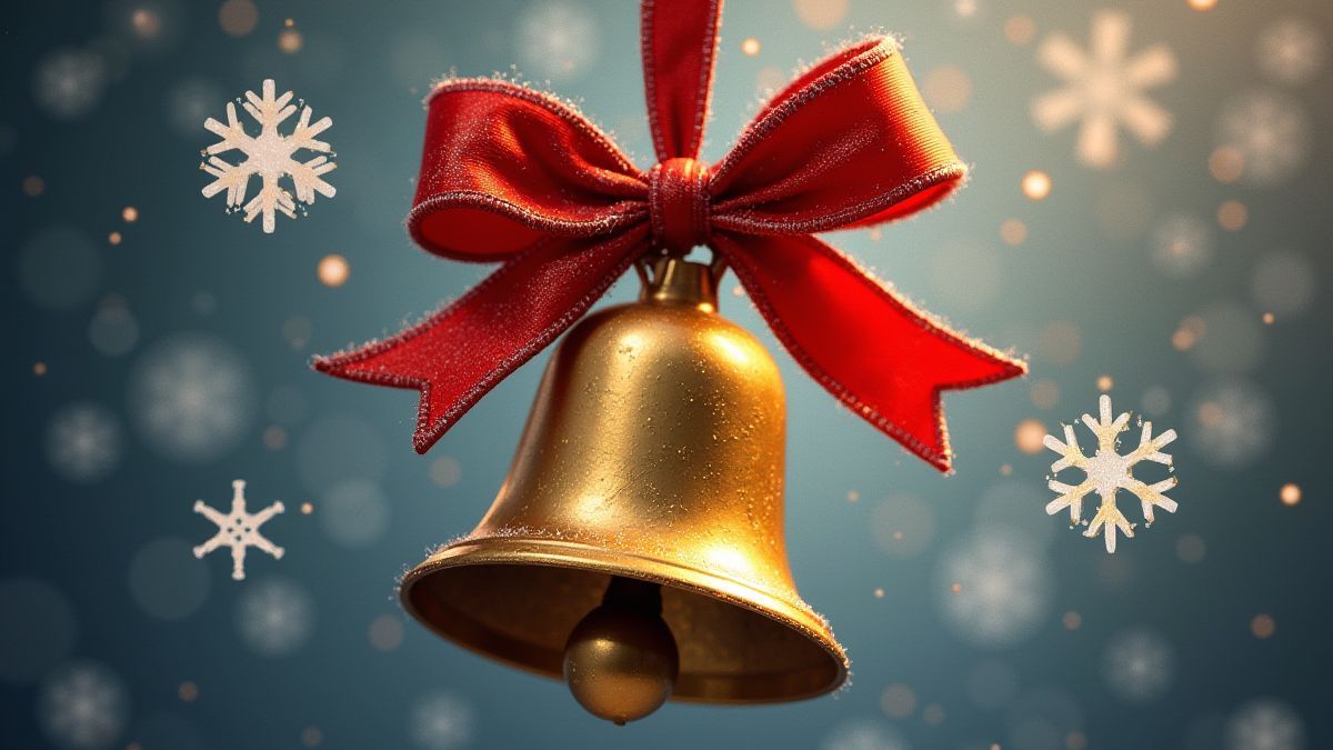 A golden bell with a red ribbon surrounded by snowflakes.