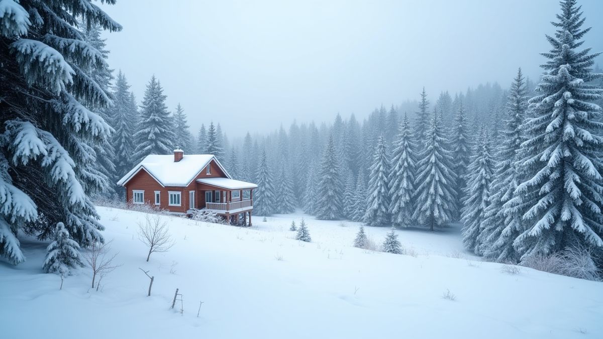 A snowy landscape with pines and a cozy cabin in the background.