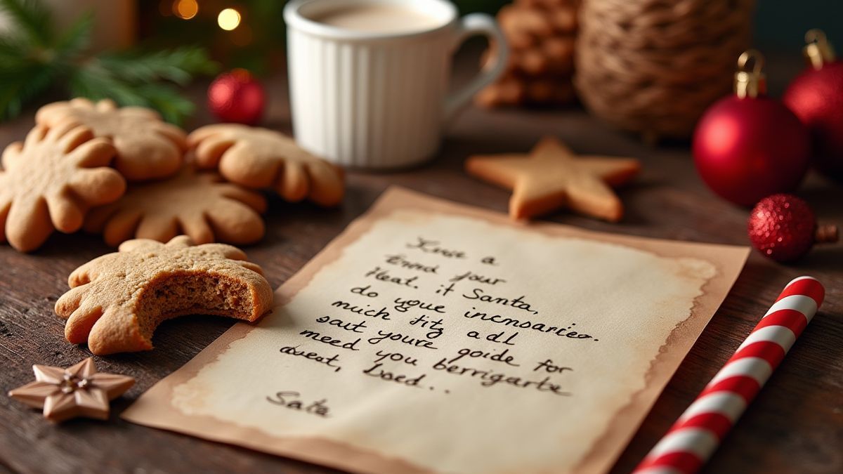 A festive table with cookies, milk, and a letter to Santa.