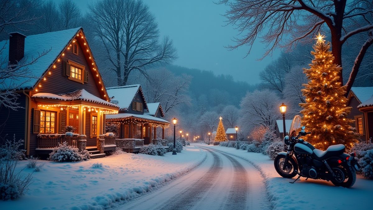 Verschneites Dorf, das für Weihnachten mit einer nahegelegenen Motorraddekoration geschmückt ist.
