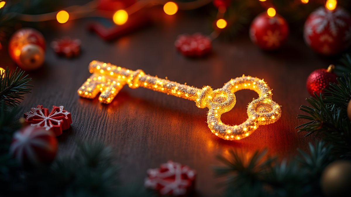 Leuchtender Weihnachtsschlüssel, umgeben von festlichen Dekorationen wie Schneeflocken und Zuckerstangen.