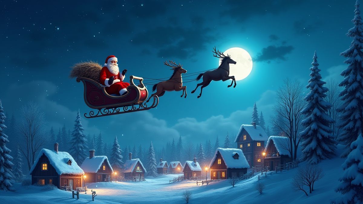 Trineo de Santa volando sobre un pueblo nevado.