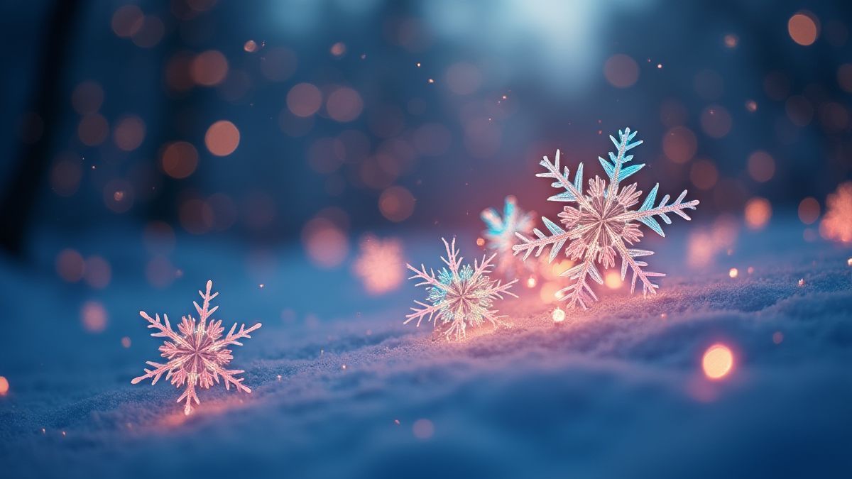 Copos de nieve coloridos brillando en un fondo invernal.