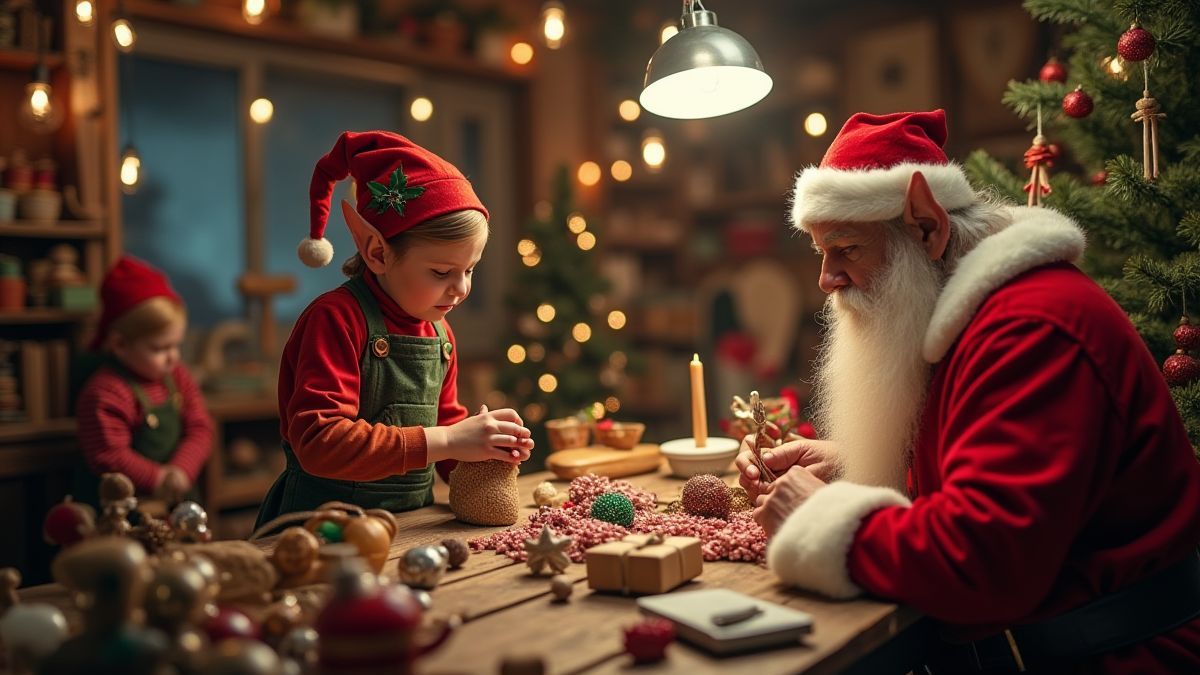 Duendes fabricando juguetes en el taller de Santa.