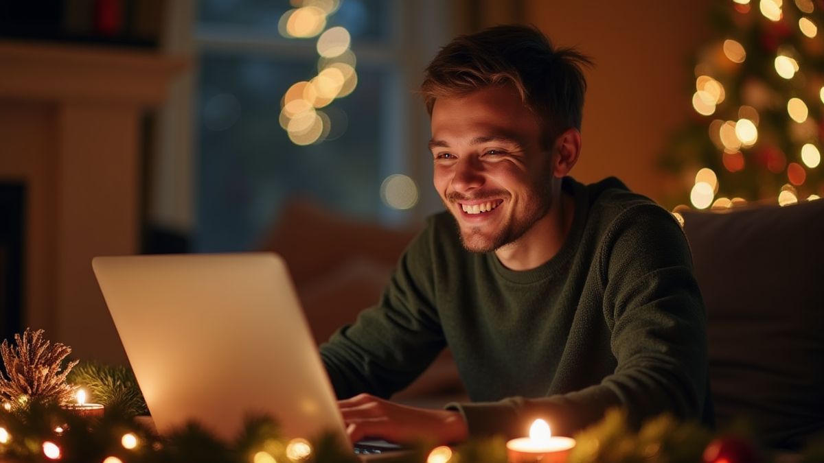 Jogador feliz com decoração natalina.