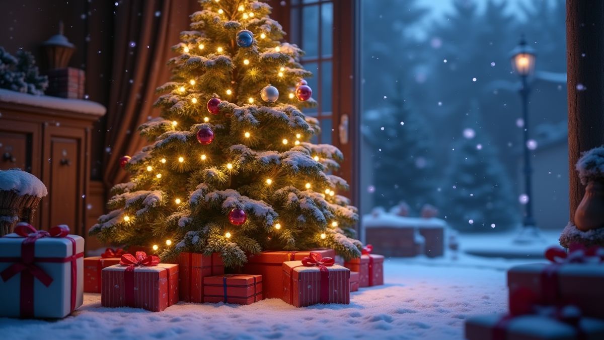 Sapin de Noël décoré avec des cadeaux et de la neige autour.