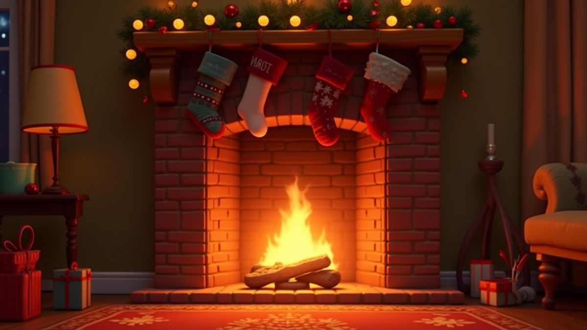 Cheminée accueillante avec des chaussettes de Noël accrochées.