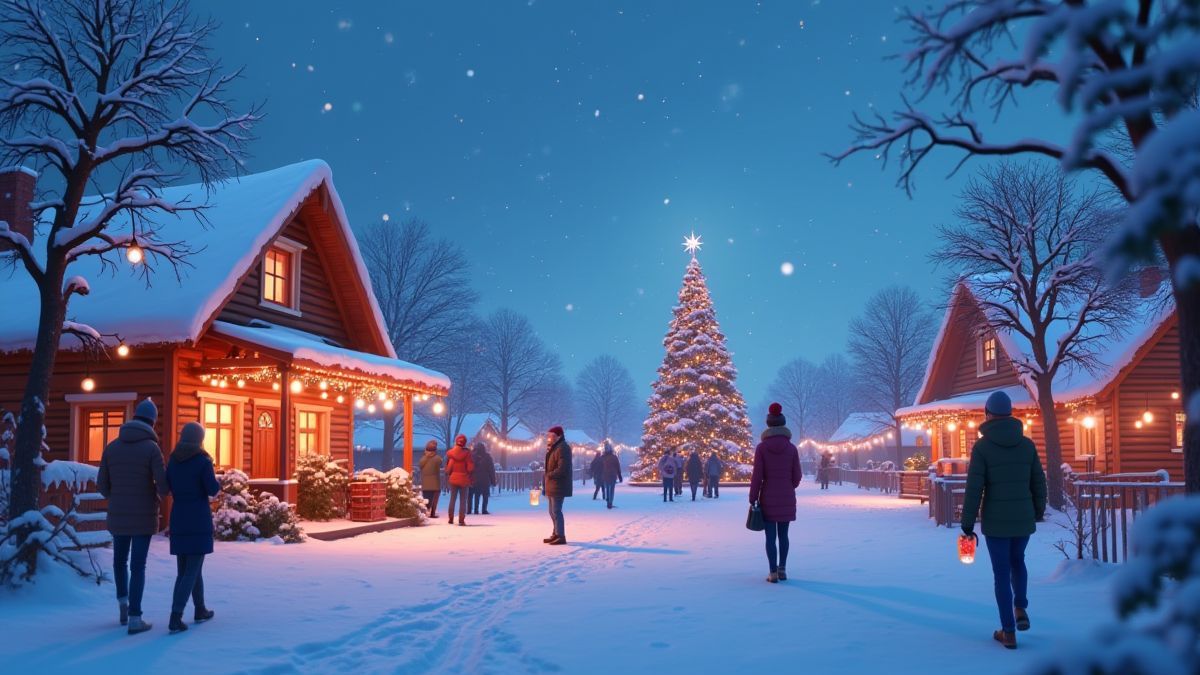 Paysage enneigé avec des personnes appréciant les festivités de Noël.