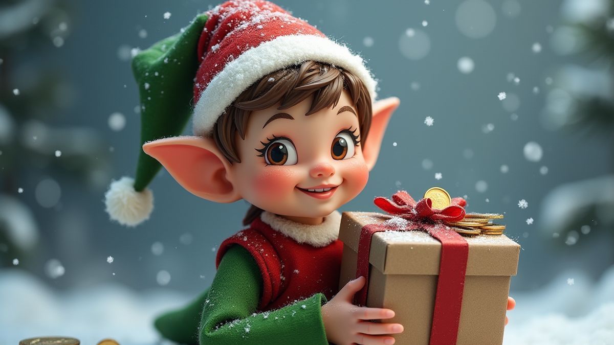 Een vrolijke elf die munten en cadeaus vasthoudt in een besneeuwd landschap.