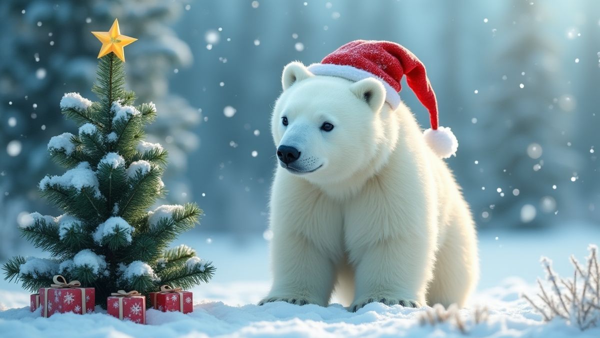 Oso polar con gorro de Santa junto a un árbol de Navidad en la nieve.