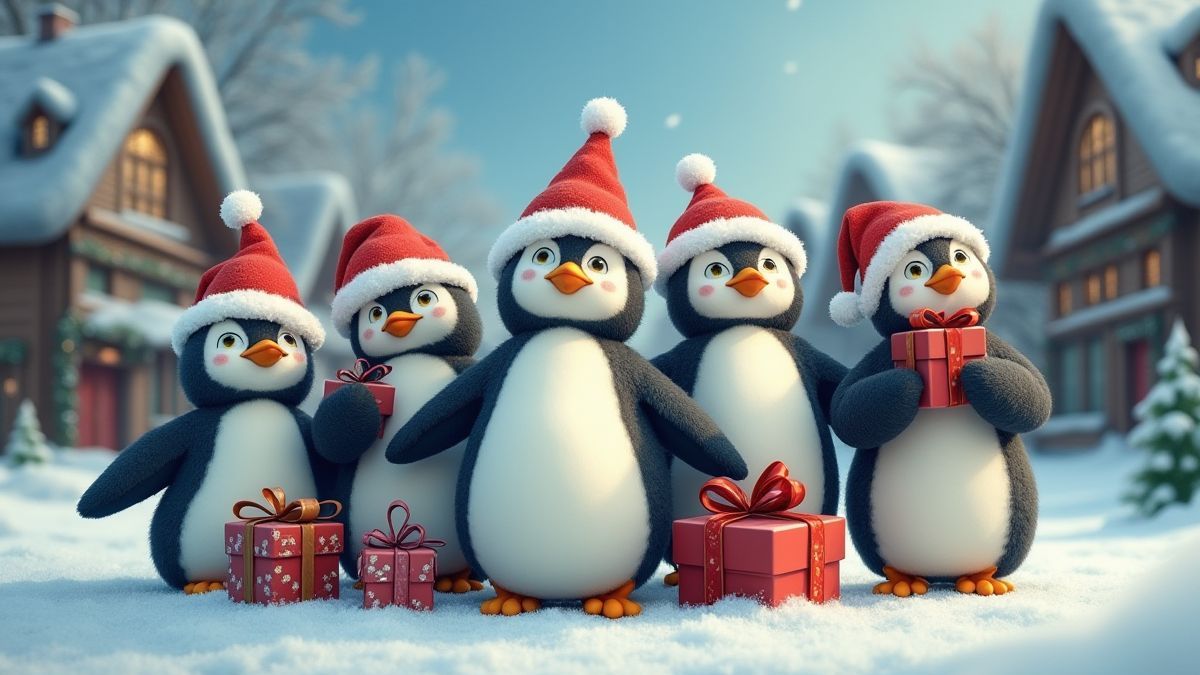 Pingüinos festivos con regalos en un pueblo navideño nevado.