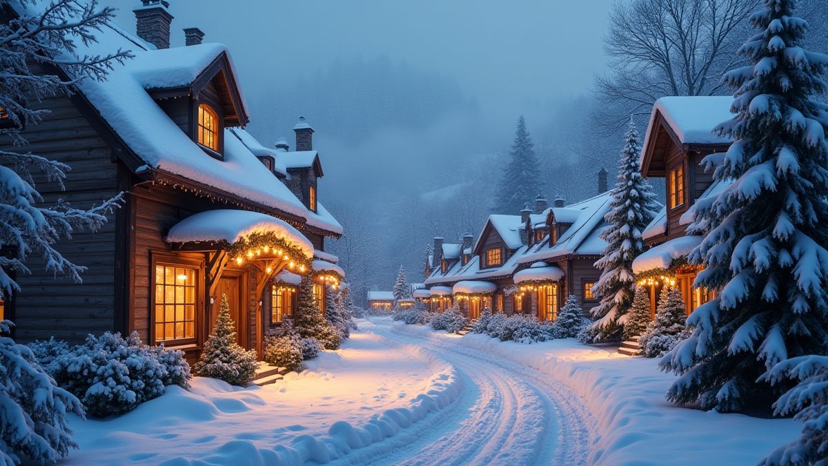 Uma vila coberta de neve com decorações natalinas e luzes brilhantes.