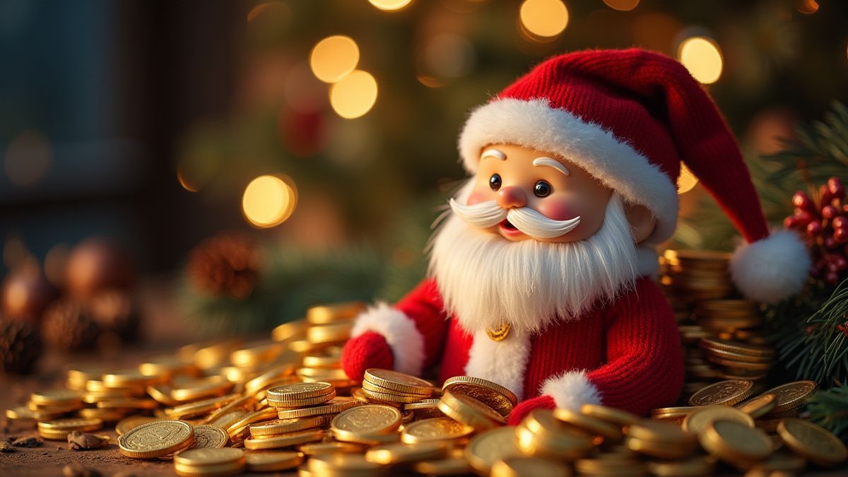 Papai Noel cercado por moedas douradas em uma cena festiva.
