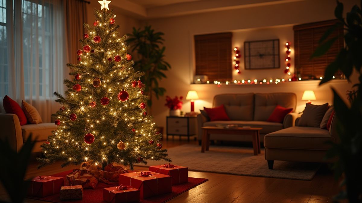 Un árbol de Navidad decorado con luces brillantes y regalos.