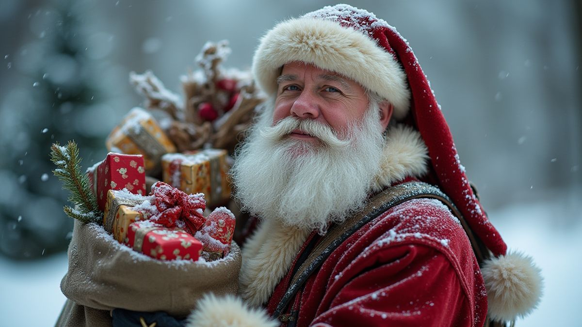 Santa Claus sosteniendo un saco lleno de regalos en un paisaje nevado.