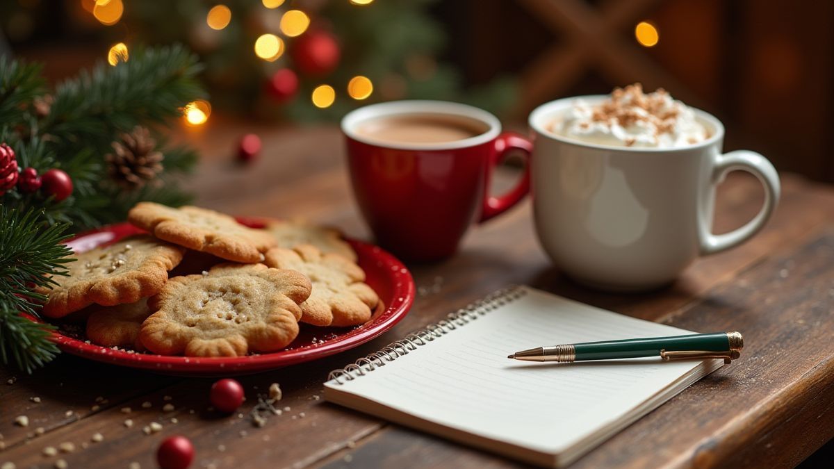 Mesa con galletas navideñas, chocolate caliente y un bloc de notas para estrategias.